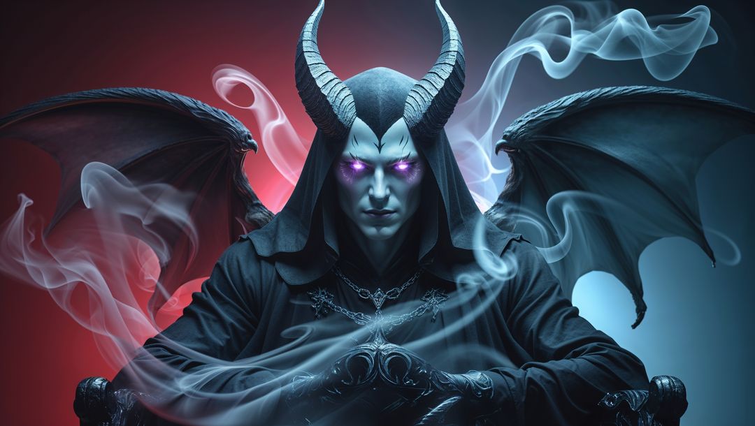 Mysterious horned satan with glowing eyes in surreal void