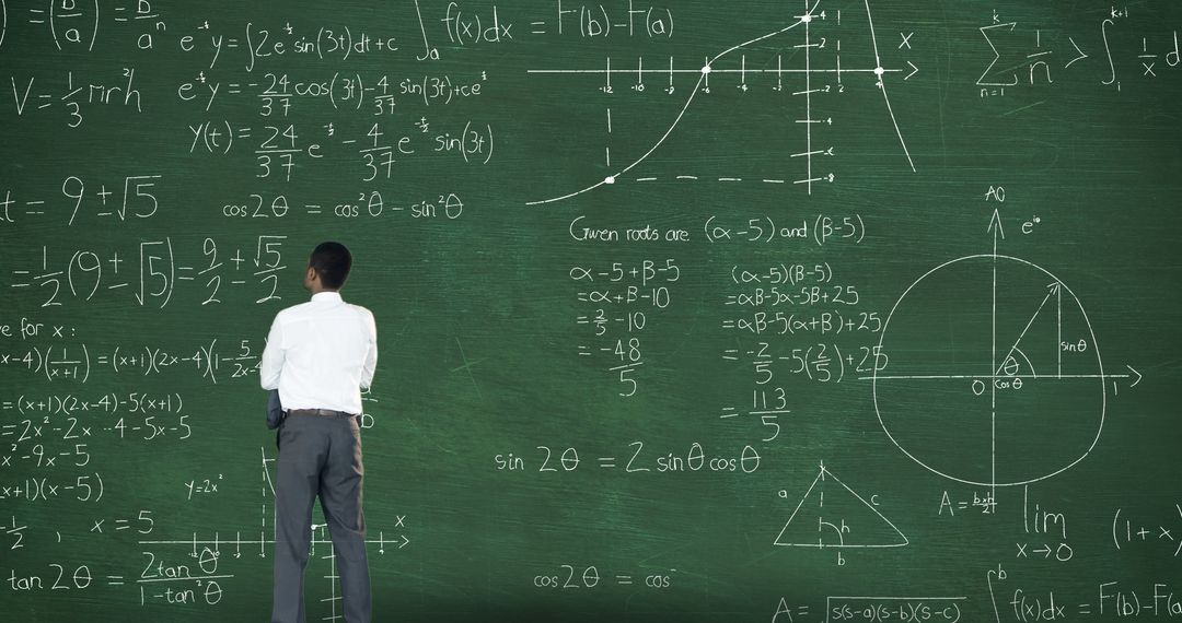 A man stands with crossed arms before a chalkboard filled with dynamic math equations. - Free Images, Stock Photos and Pictures on Pikwizard.com