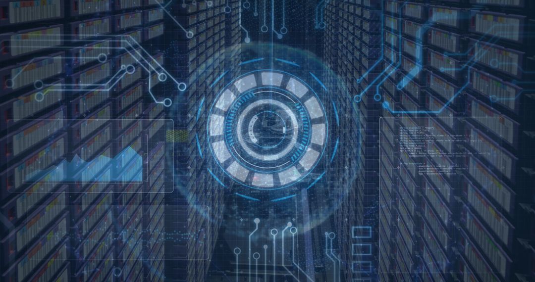 High-Tech Digital Interface Over Server Racks in Datacenter