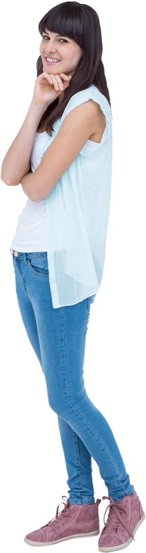 Transparent Full Length Cheerful Woman in Casual Attire