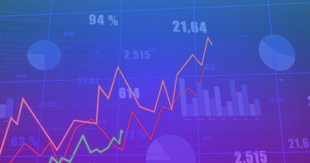Rising Graph with Data and Analysis Objects on Blue Background