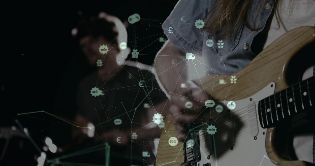 Guitarist and Drummer Performing with Futuristic Network Overlay