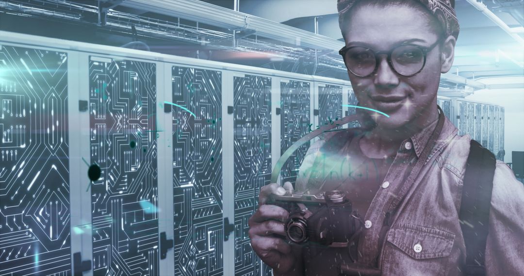 Tech Savvy Woman Holding Camera in Futuristic Data Center