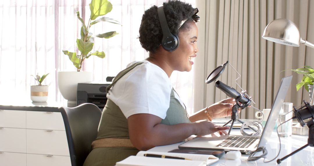 Woman Podcasting from Home Office with Microphone Setup