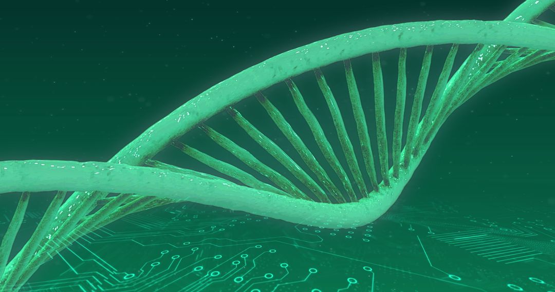 Digital DNA Helix on Circuit Board Background