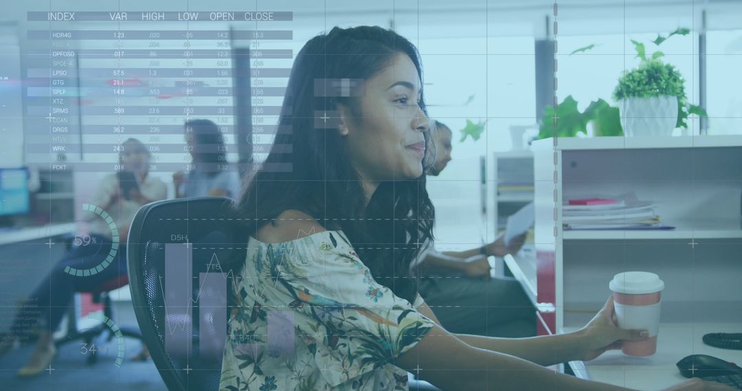 Businesswoman Analyzing Statistics with Digital Interface in Office