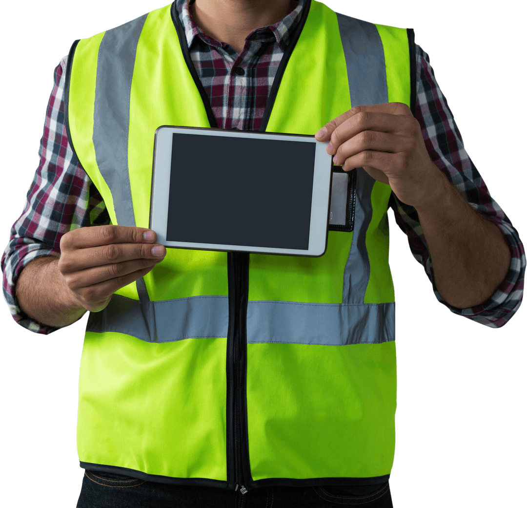 Midsection of Man in Safety Vest Holding Tablet, Transparent Background