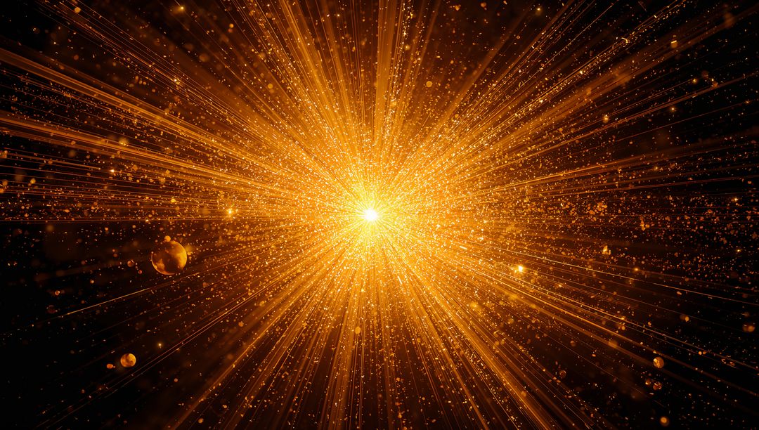 Golden Cosmic Burst Radiating Light Beams and Floating Particles Across Space