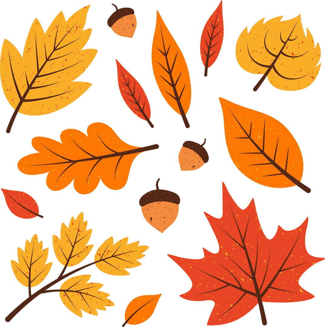 Transparent Autumn Leaves and Acorns with Warm Tones and Speckles