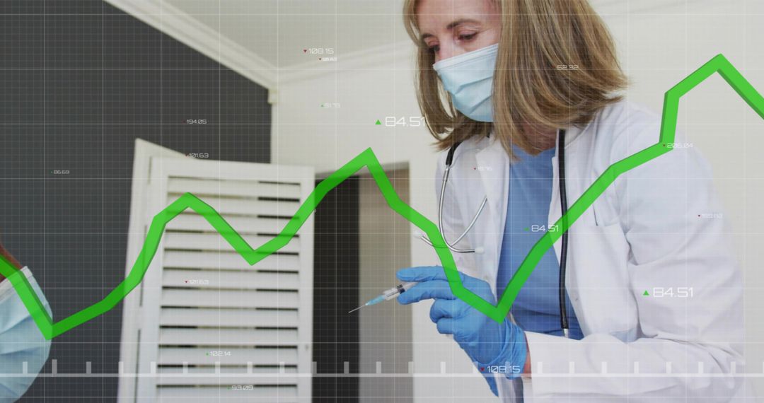 Clinician preparing vaccine syringe with mask and gloves, healthcare analytics graph overlay