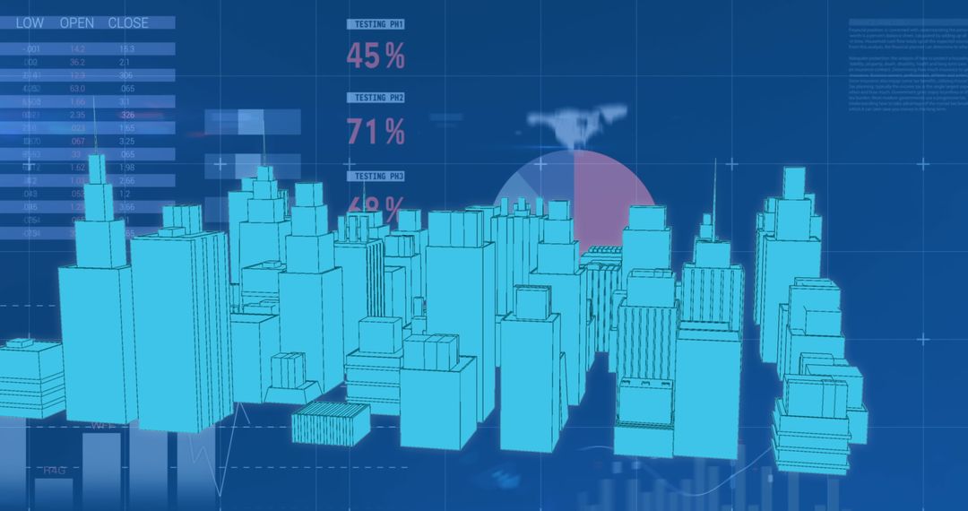 Digital City Concept with Data Overlays on Blue Background