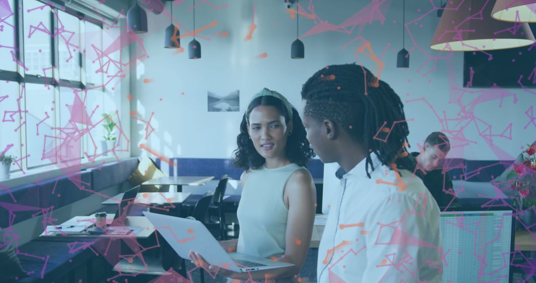 Diverse Professionals Collaborating with Digital Overlay in Modern Office