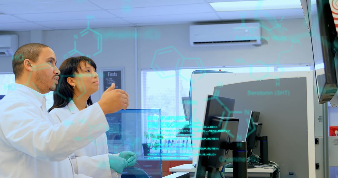 Scientists Collaborating in Advanced Laboratory with Tech Overlay