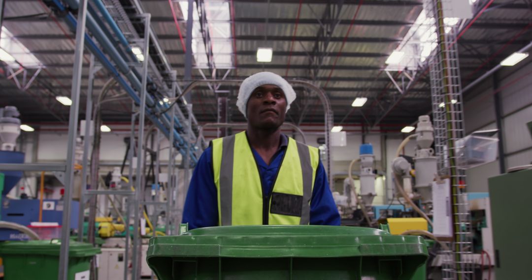 Warehouse Worker in High Visibility Vest Pushing Bin in Factory