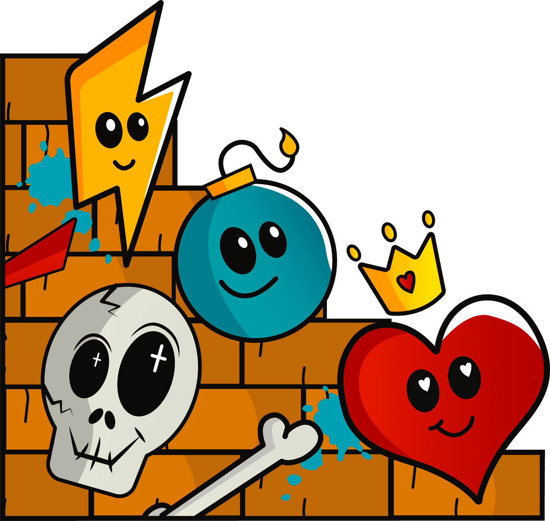 Vibrant Cartoon Graffiti Explosion: Skulls, Hearts, and Symbols