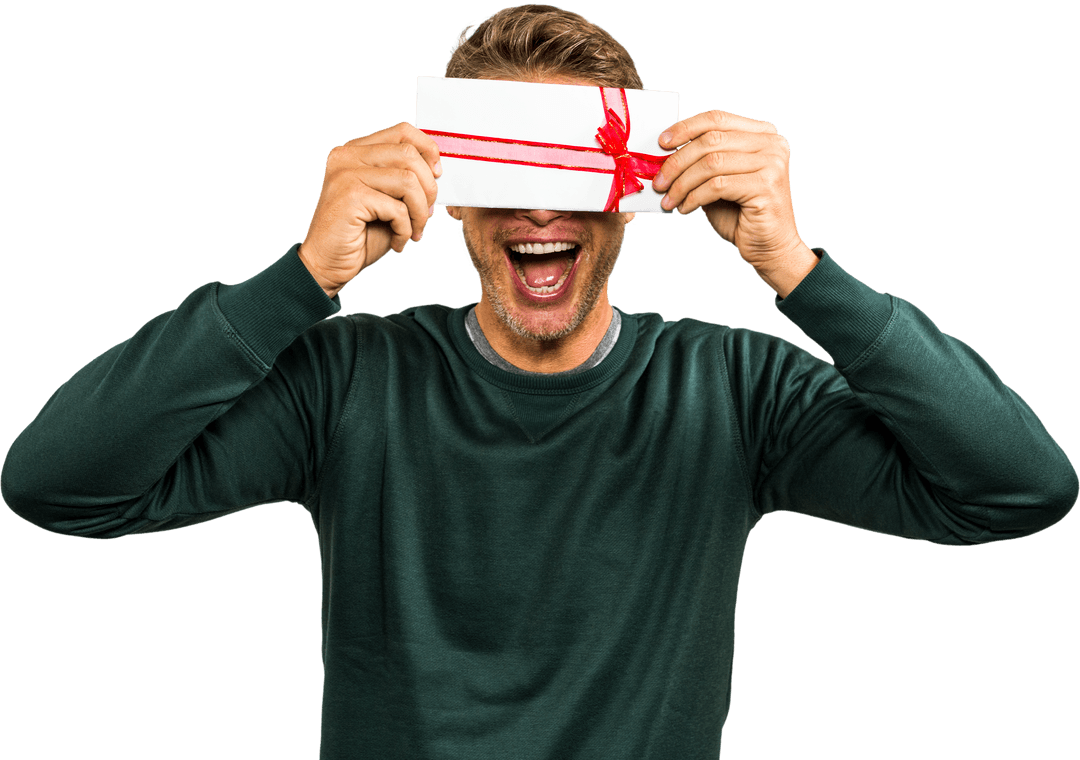 Cheerful Man Hiding Joyful Expression Behind Transparent Gift Wrap