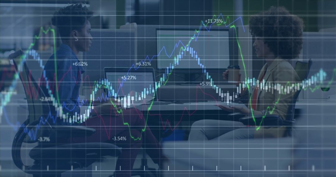 Diverse Professionals Analyzing Dynamic Market Trends in Office