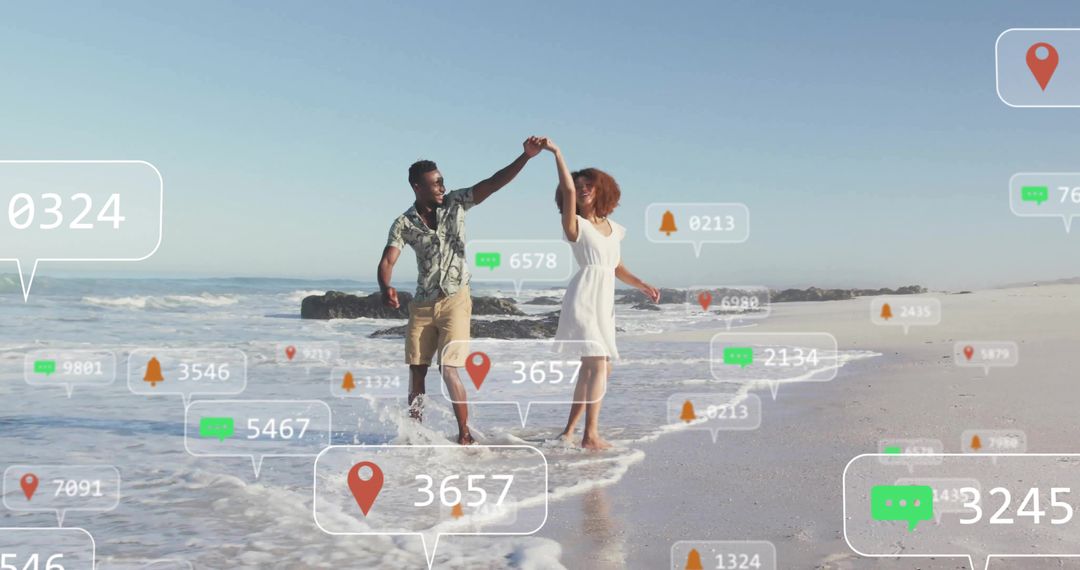 Romantic Couple Dancing on Beach with Digital Notifications