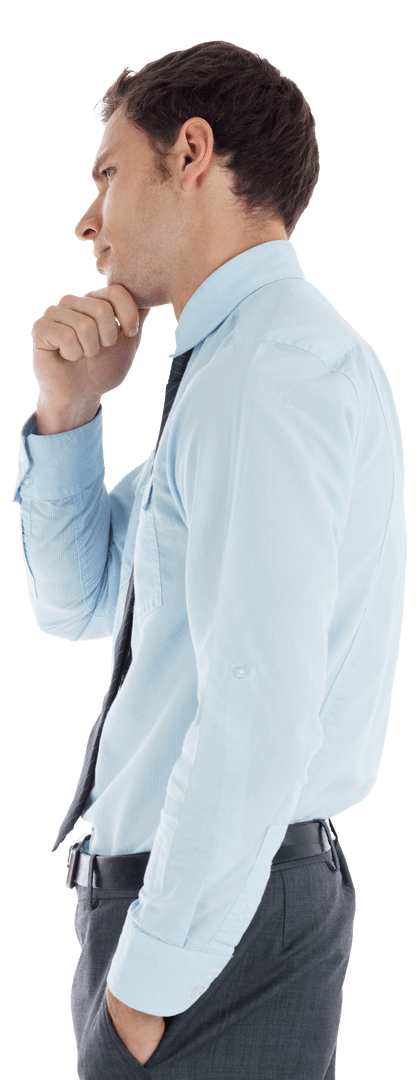 Transparent Thoughtful Businessman in Profile Considering Options