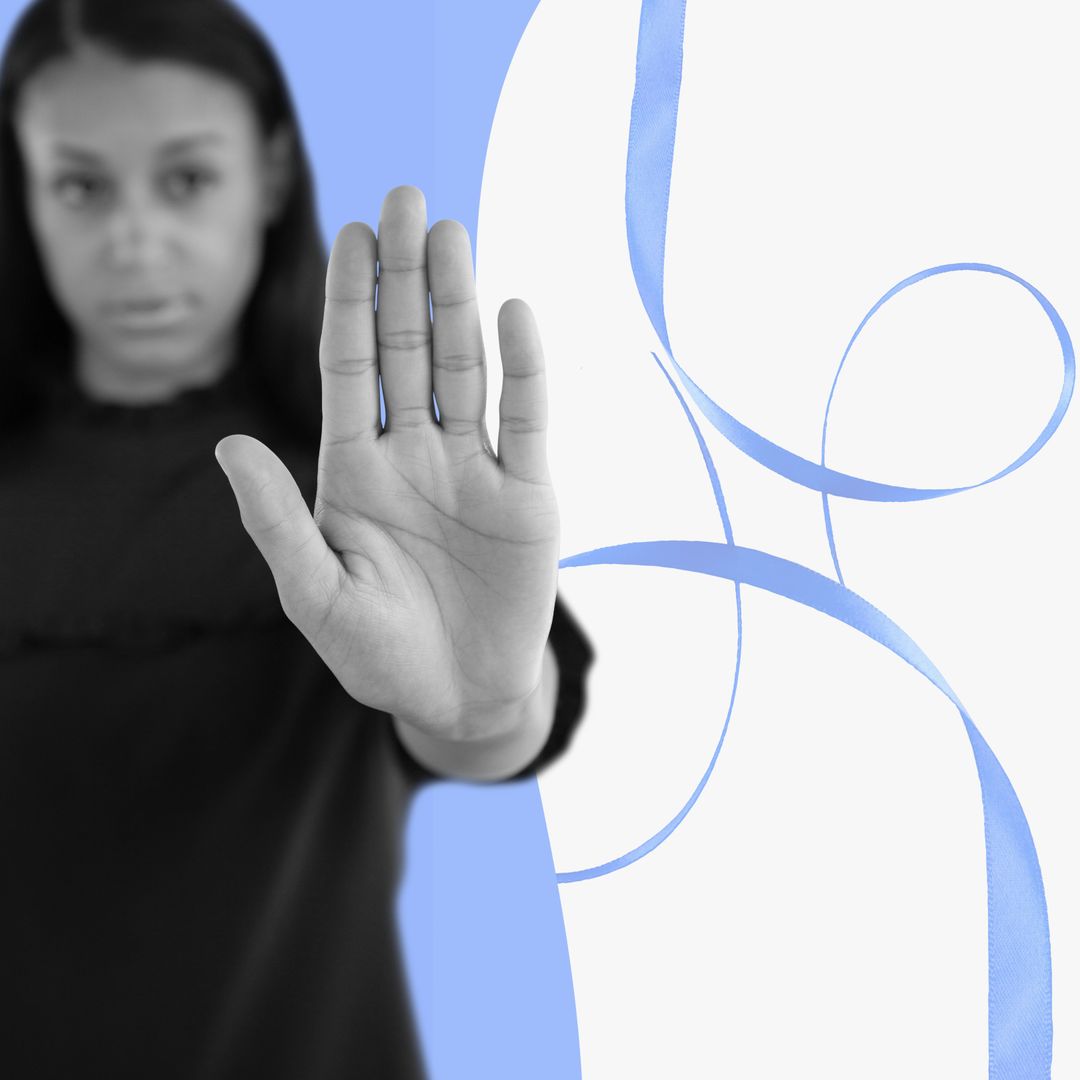 Biracial Woman Showing Hand in Stop Gesture Blue Shapes on White - Download Free Stock Templates Pikwizard.com