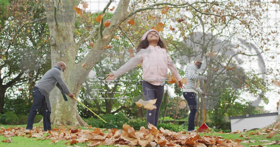 Multigenerational Family Raking Leaves While Child Tossing Autumn Foliage in Backyard
