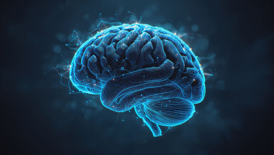 Futuristic 3D Neon Brain with Neural Network Mesh