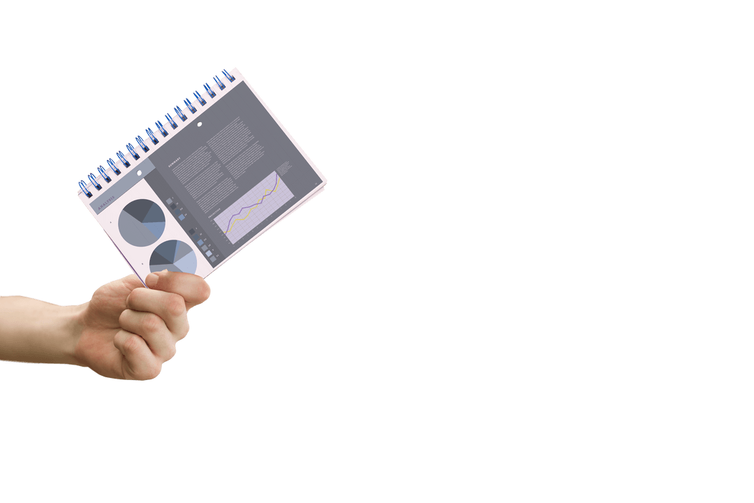 Hand Holding Notebook with Business Diagrams on Transparent Background