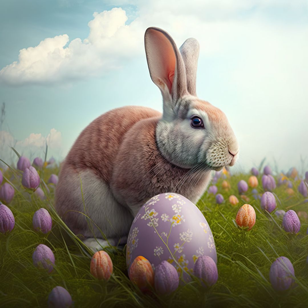 Composition of easter rabbit and easter eggs on spring field, created using generative ai technology - Free Images, Stock Photos and Pictures on Pikwizard.com