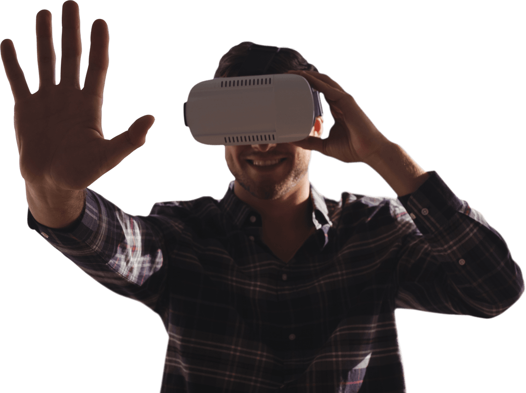 Smiling Man Gesturing with Transparent Virtual Reality Glasses