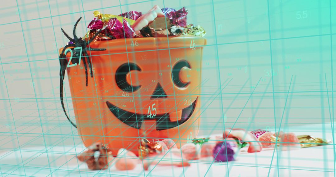 Orange Jack-O'-Lantern Candy Bucket Holding Wrapped Candy and Spider, Turquoise Grid Overlay