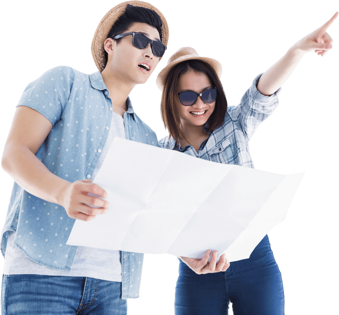 Happy Tourist Couple Using Transparent Map for Directions