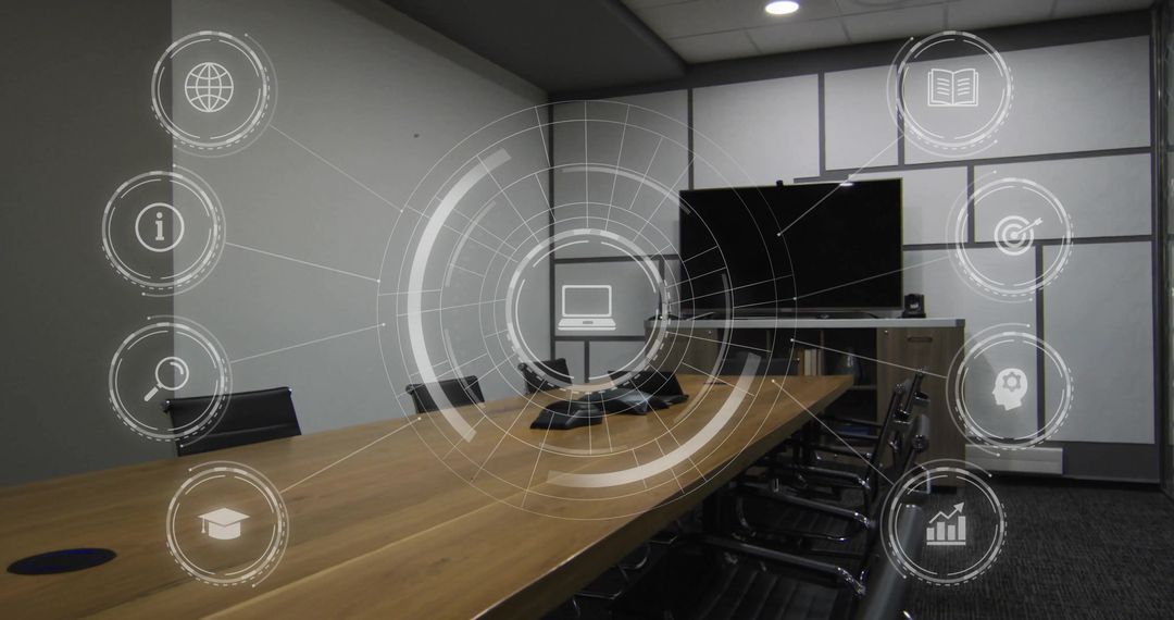 Digital Network Icons Hovering Over Modern Conference Room