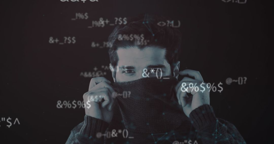 Man in Cybersecurity Cloak Observing Digital Codes