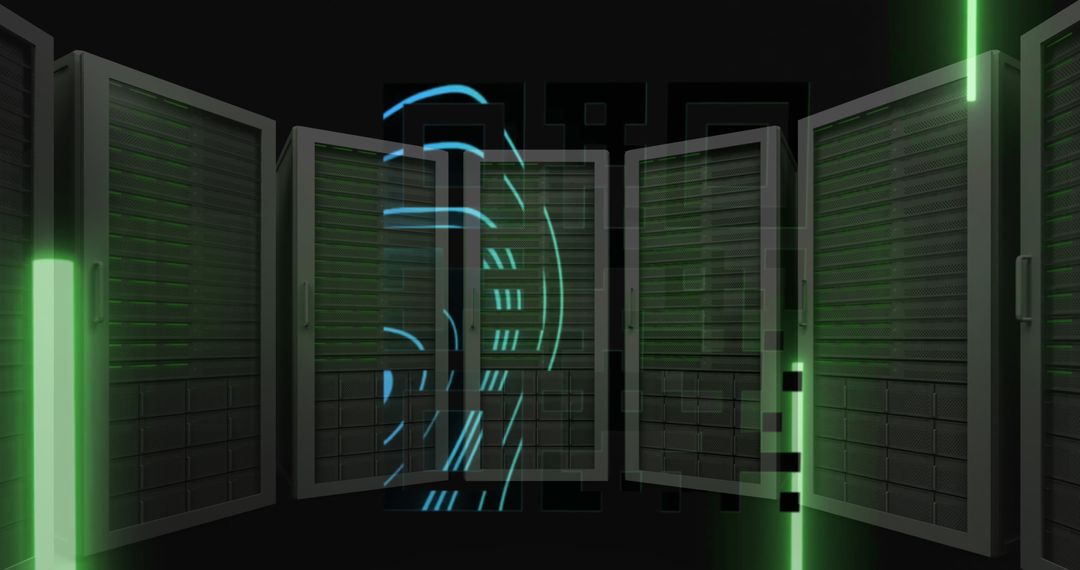 Futuristic Server Room with QR Code Overlay and Neon Shapes