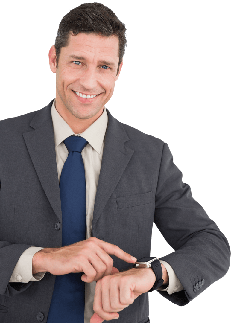 Smiling Businessman Indicating His Smartwatch on Transparent Background
