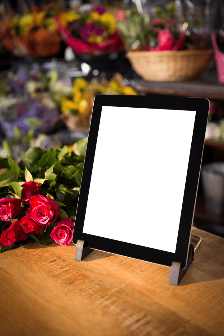 Transparent Tablet on Display with Vibrant Flowers Around