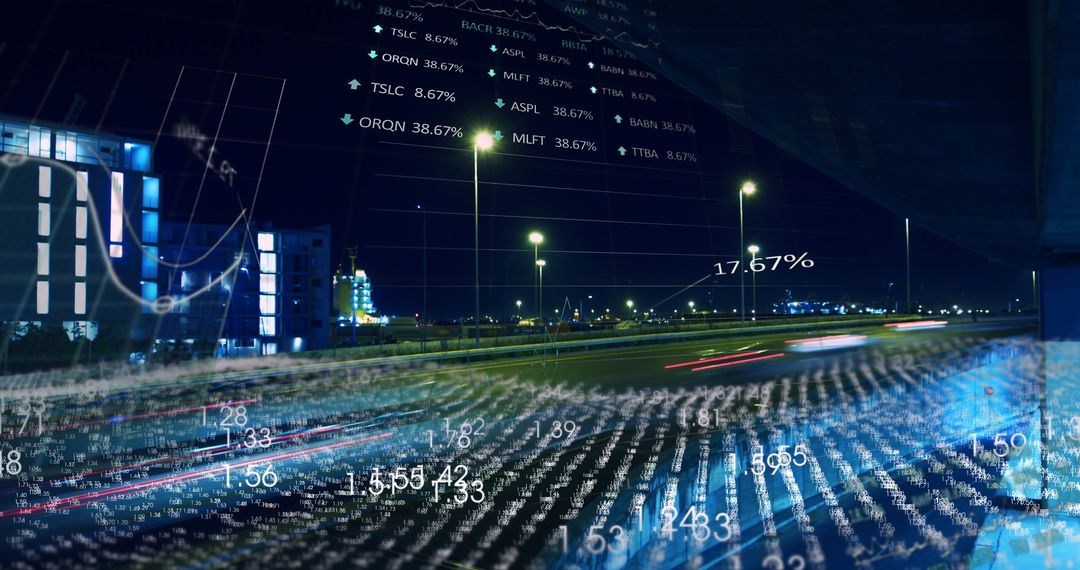 Futuristic Highway with Motion Blur and Data Overlay at Night