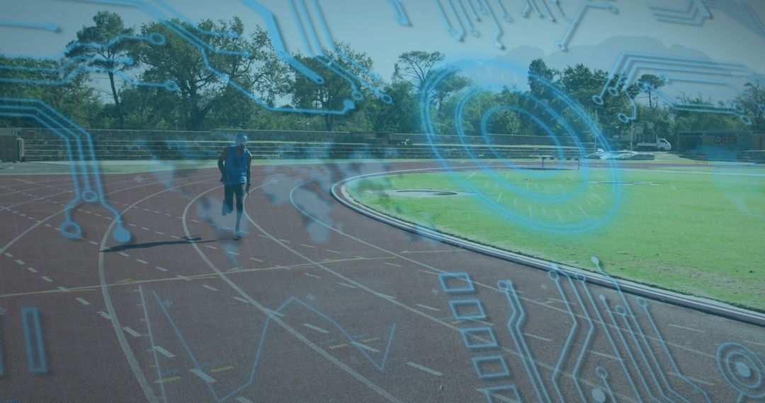 Athlete Embracing Technology on Track with Digital Circuit Overlay
