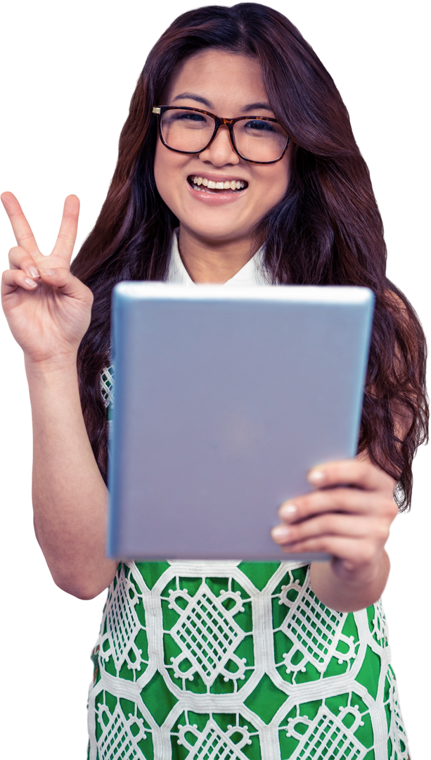 Transparent Woman Holding Tablet Showing Peace Sign Indoors - Download Free Stock Images Pikwizard.com