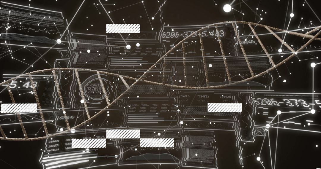 Futuristic Glowing DNA Helix Over Virtual Data Network