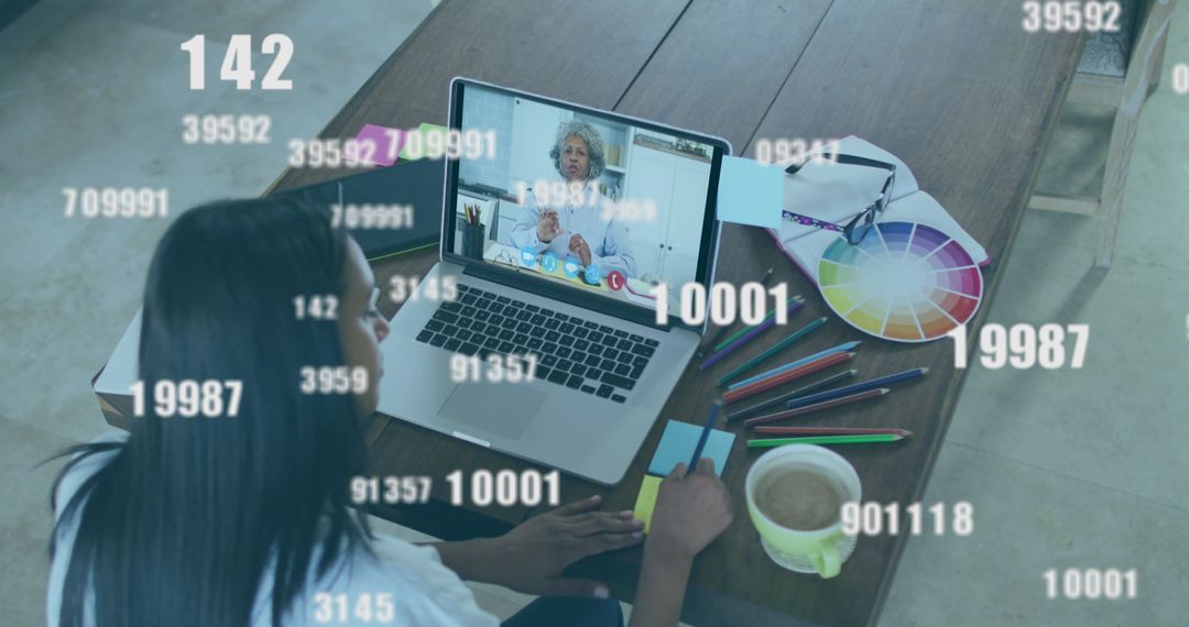 Creative Professional on Video Call with Dynamic Digital Interface Overlay