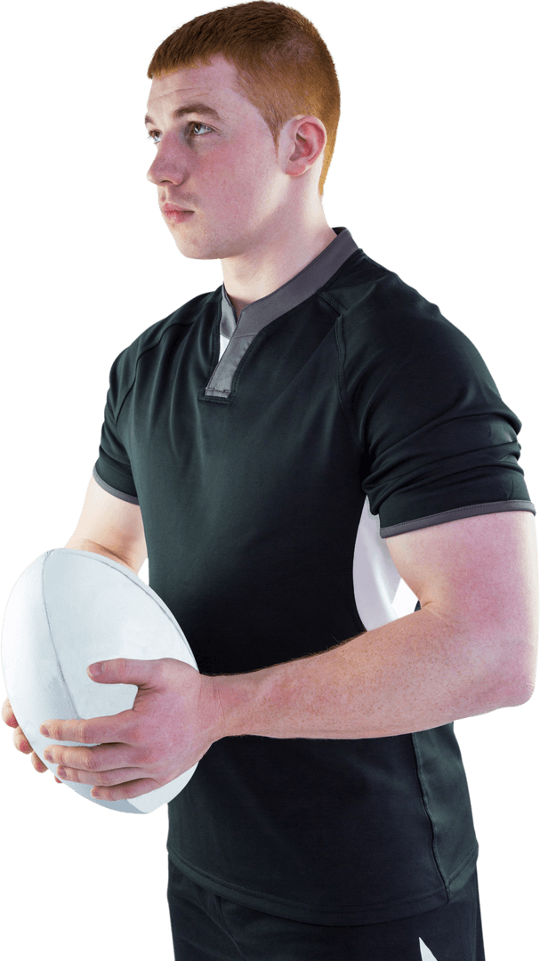 Transparent Rugby Player Holding Ball Focused on Game