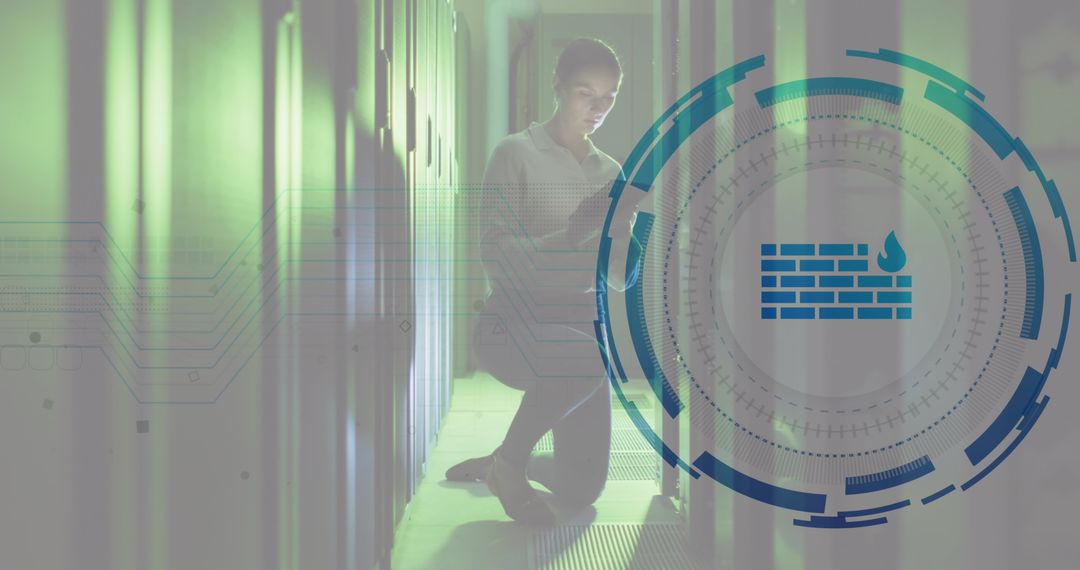 Caucasian Female Technician Working in Server Room with Digital Data Overlay