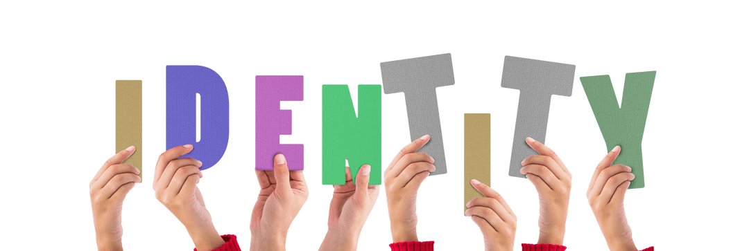 Diverse Hands Holding Identity Text on Transparent Background