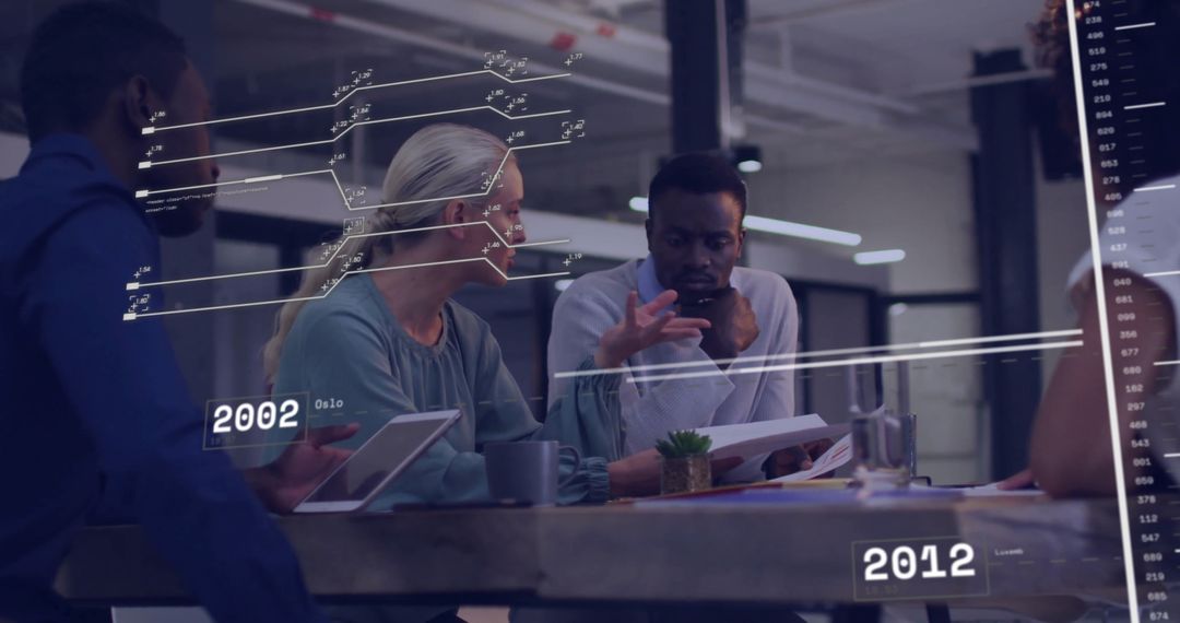 Team Discussing After Analyzing Futuristic Data Visualization in Office