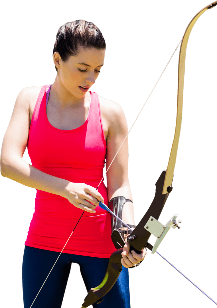 Caucasian Archer Woman with Bow Preparing for Competition Transparent