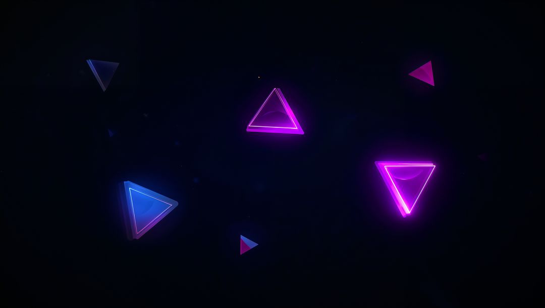 Floating Neon Triangle Wireframes in Dark Void with Magenta and Blue Glowing Halos Synthwave