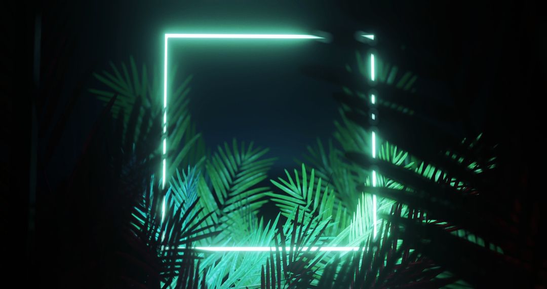 Neon-Lit Greenery with Abstract Geometric Frame