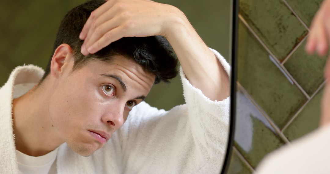 Caring Man Examining Hair and Face Reflecting Self-Care Routine