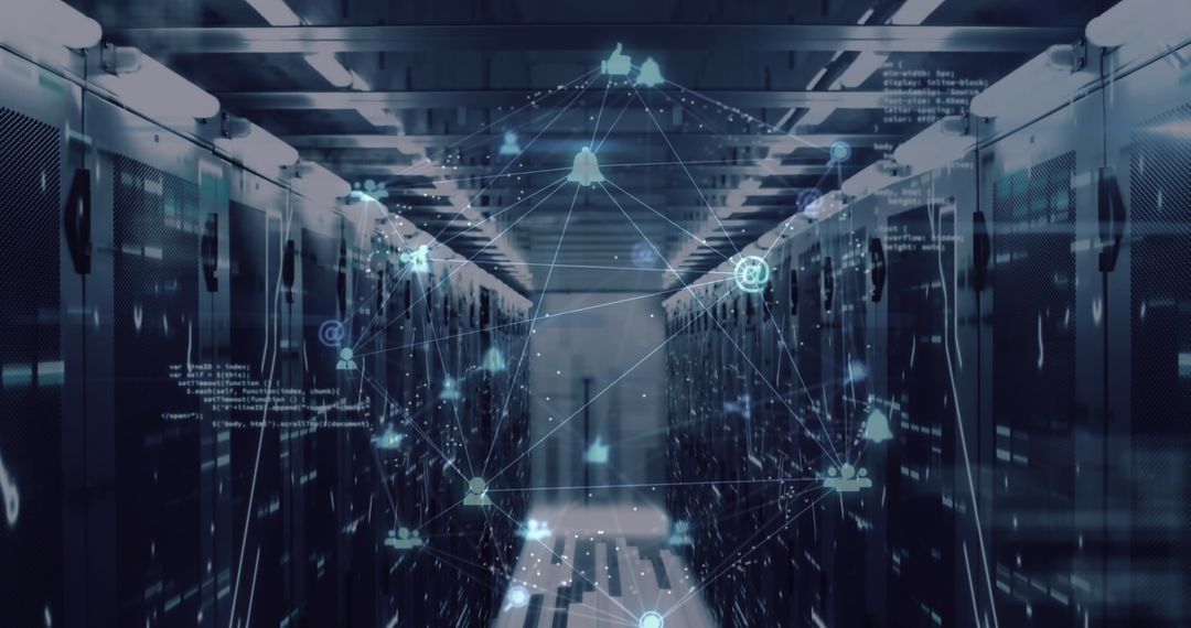 Digital Network Icons in Futuristic Data Center